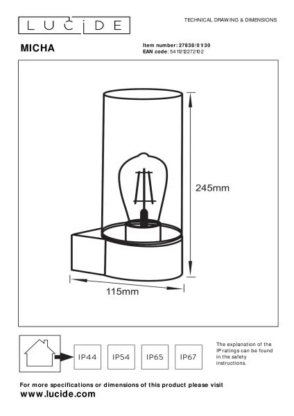 Lucide MICHA - Wandleuchte Innen/Außen - 1xE27 - IP44 - Schwarz - TECHNISCH